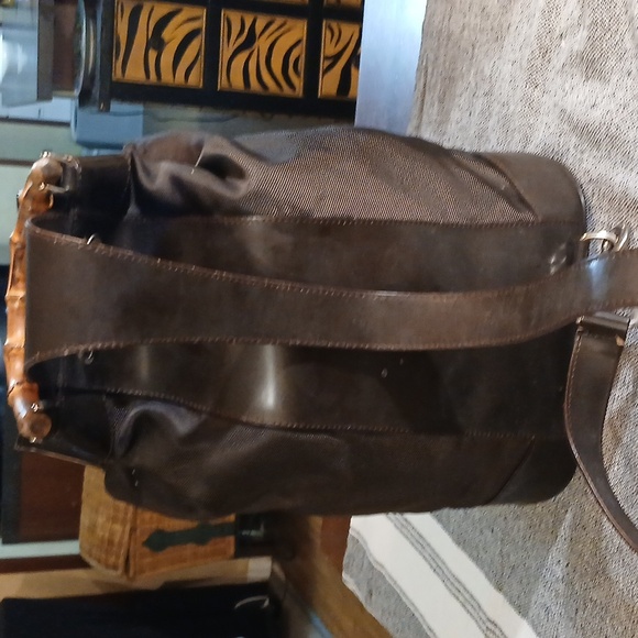 Authentic Gucci Vintage Bamboo Drawstring Shoulder Bag Nylon Leather Dark Brown - Picture 3 of 16
